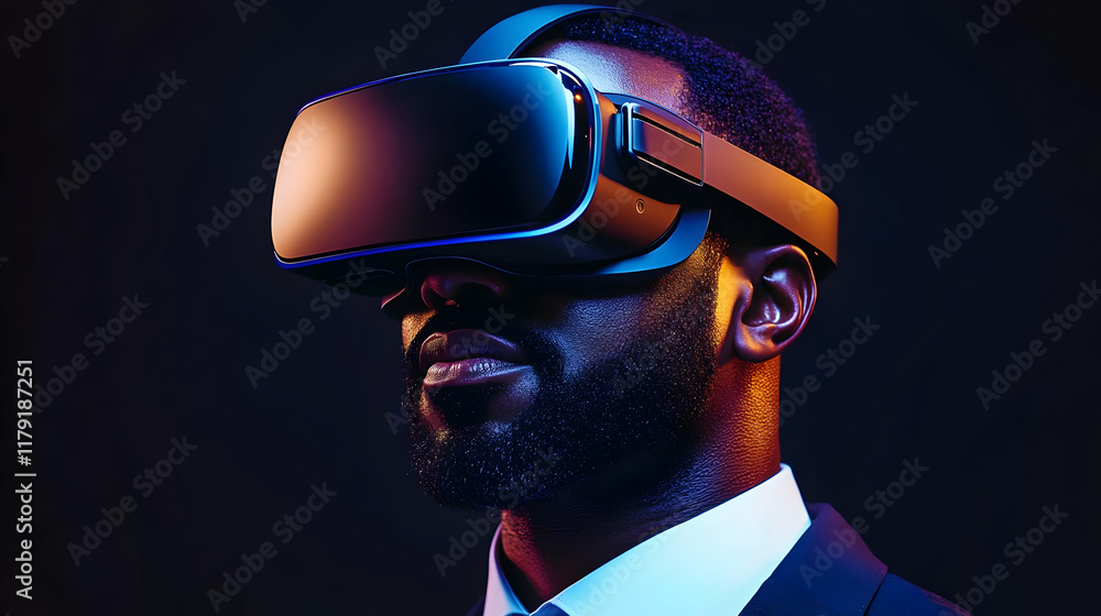 Poster man explores virtual reality using vr headset immersively in dark room with colorful lighting