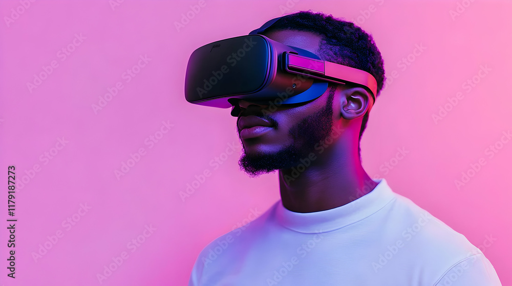 Poster man explores virtual reality using vr headset in a vibrant studio setting with neon lighting