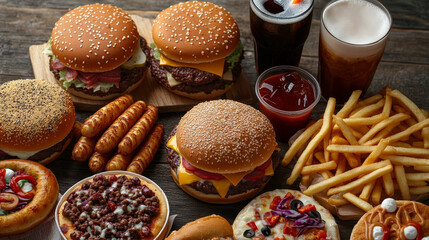Fast food and street food posters and banners for fastfood restaurant design. Vector burgers, pizza or hot dog and fries. Vector cinema bistro coffee and soda drink, pizza and popcorn or cake donuts