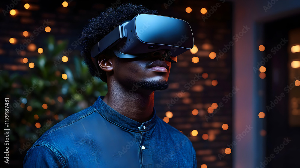 Poster man explores virtual reality with vr headset in a room with soft, ambient lighting