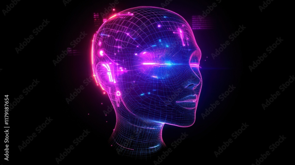 Poster a futuristic wireframe head glowing with circuits, neural networks, and vibrant tech elements, symbo