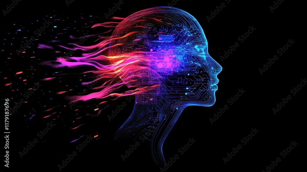 Poster a futuristic wireframe head glowing with circuits, neural networks, and vibrant tech elements, symbo