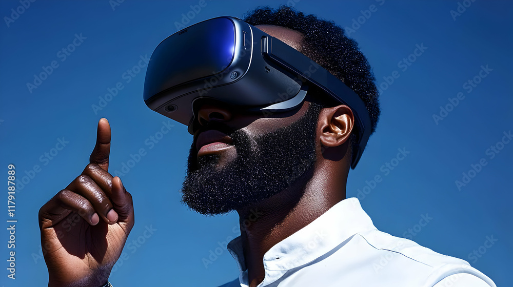 Poster man experiences virtual reality with headset, gesturing and exploring immersive digital world under 