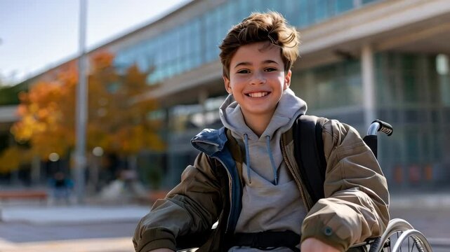 smiling teenage boy in a wheelchair in school