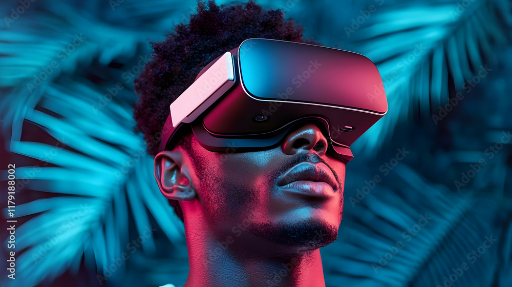 Poster man experiences virtual reality with vr headset in vibrant, tropical background setting.
