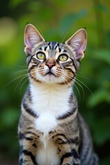 Curious Cat in the Garden: An adorable tabby cat with striking green eyes gazes intently upward, surrounded by lush green foliage.