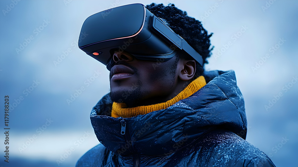 Poster man explores virtual reality wearing vr headset in winter setting with falling snow