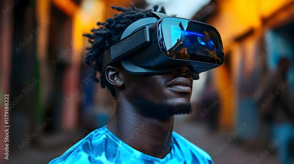 Poster man experiences immersive virtual reality in urban setting with vr headset, exploring new worlds