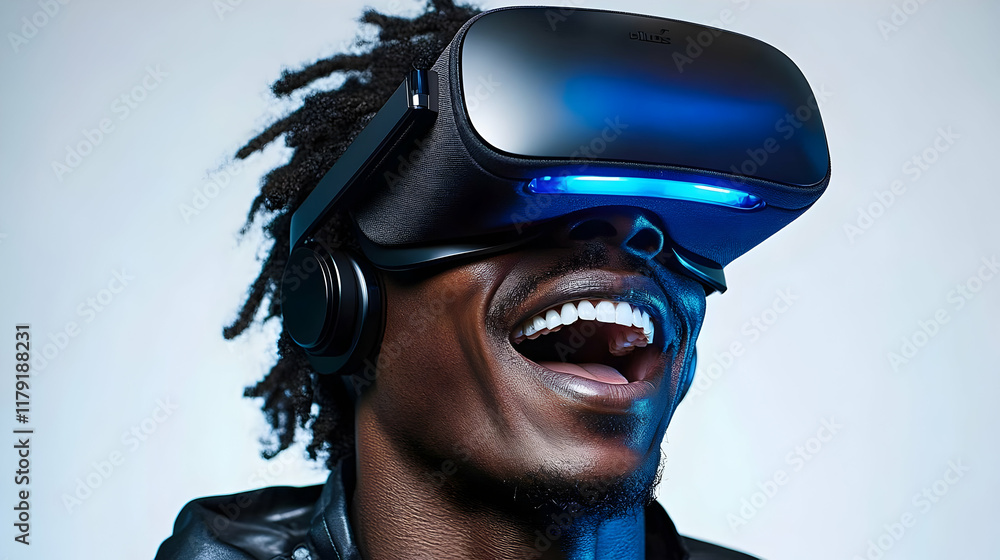 Aufkleber man experiences virtual reality with headset and laughs enthusiastically in immersive simulation