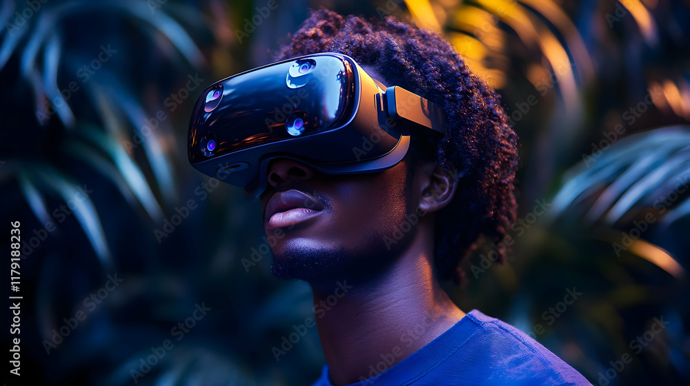 Poster man explores virtual reality with vr headset in lush tropical setting