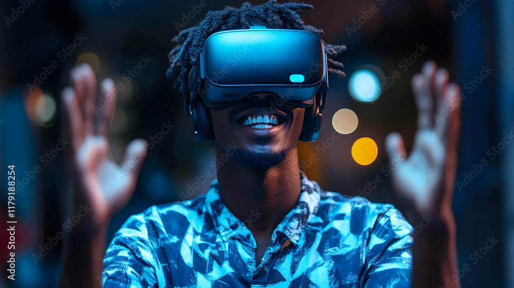 Aufkleber man explores virtual reality with headset, engaging in interactive experience enthusiastically at ni