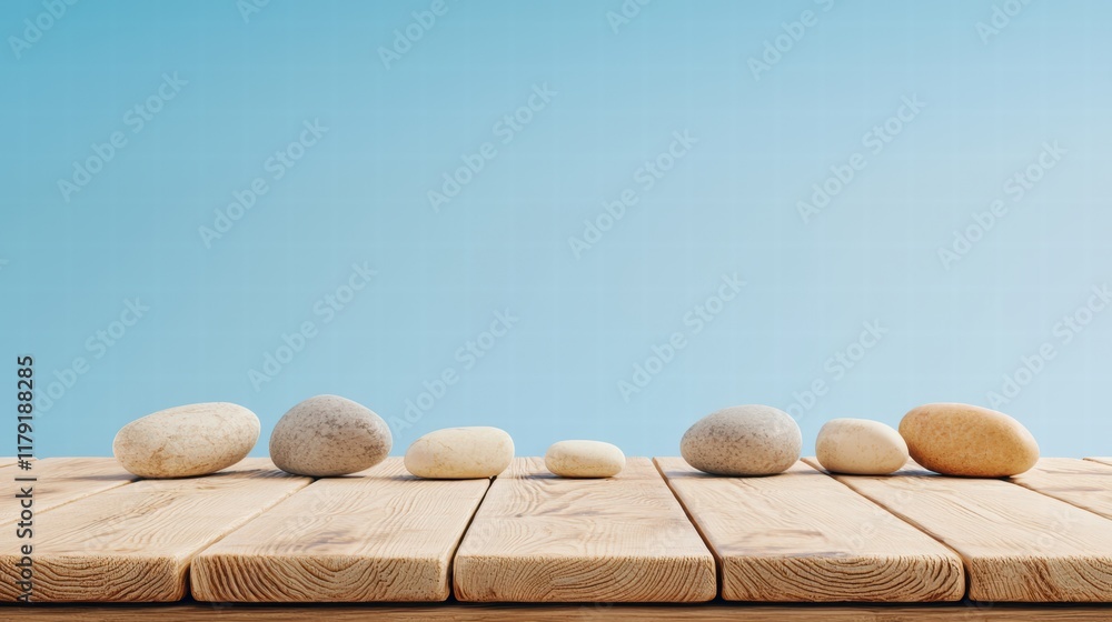 Poster minimalistic wooden plank table with smooth pebbles on a soft blue background