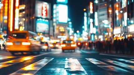 Nighttime Cityscape with Neon Lights and Busy Traffic Scene