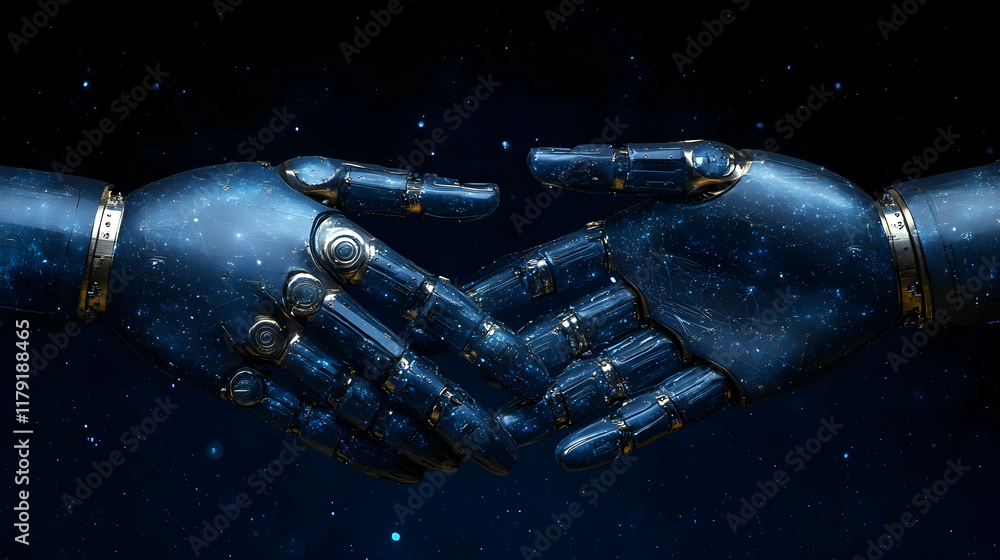 Aufkleber two robotic hands shake in space, symbolizing collaboration and technological advancement.