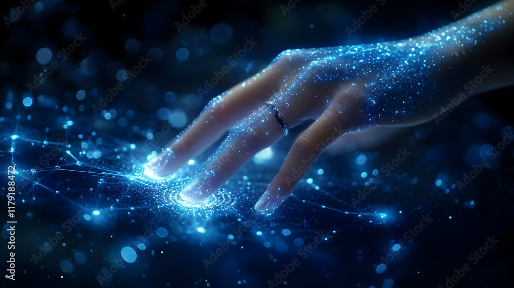 Poster glowing hand touches interactive digital surface with futuristic technology network background