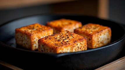 Spice Crusted Tofu in a Cast Iron Skillet the Golden Brown Crust Glistening with a Blend of Aromatic Seasonings a Delicious Meatless Protein Option for Healthy and Nourishing Plant Based Meals