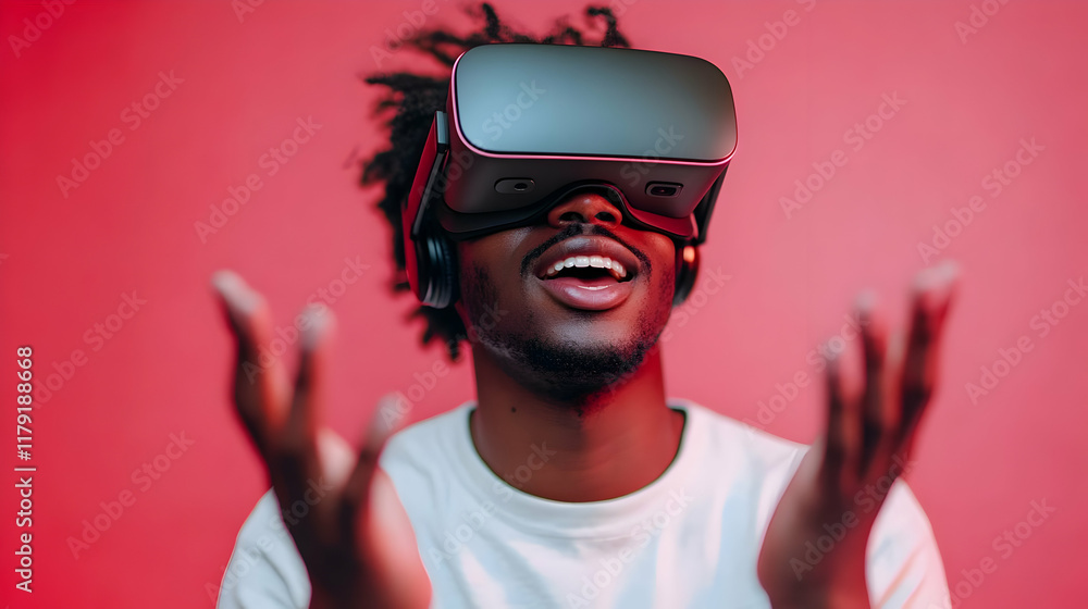Poster man experiences virtual reality with vr headset, immersed in interactive simulation excitedly.