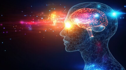A futuristic wireframe of a human head glowing with neural network visuals and vibrant tech effects