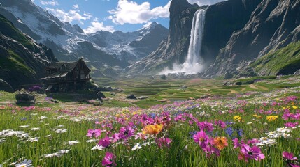 Mountain cabin nestled in a vibrant wildflower meadow with a waterfall cascading down a cliff face.