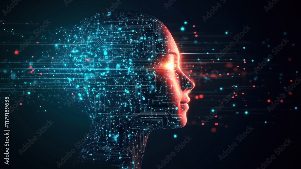 Poster a glowing digital face with neural network visuals and futuristic tech elements, symbolizing ai inno