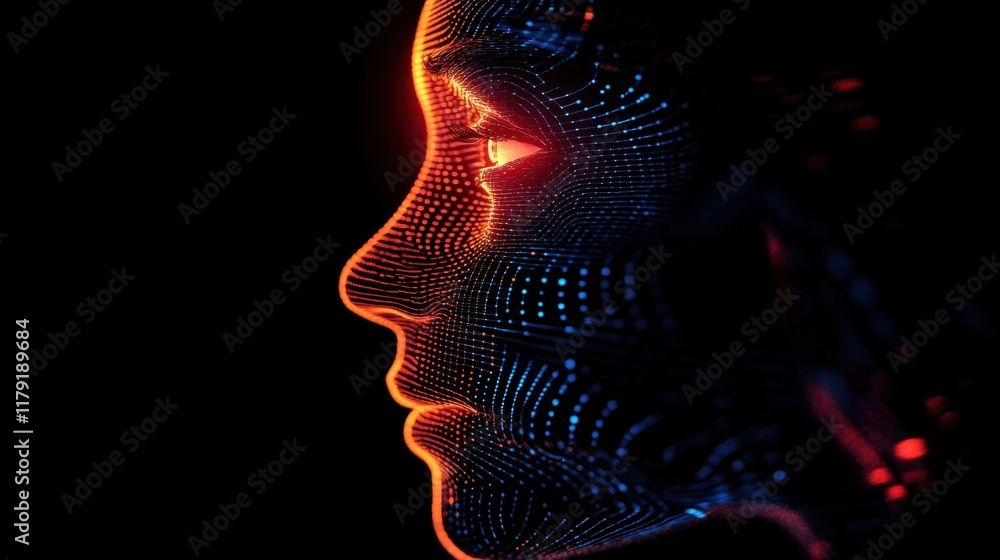 Poster a glowing digital profile of a human face with futuristic tech elements and holographic data streams