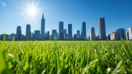 Fototapeta premium Vibrant Urban Landscape with Grass and Skyscrapers Under Bright Sunlight in Clear Blue Sky