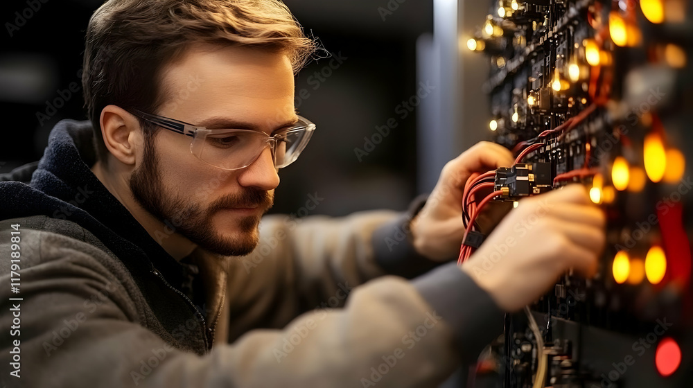 Poster technician connects wires to a panel with indicator lights in a workshop with precision
