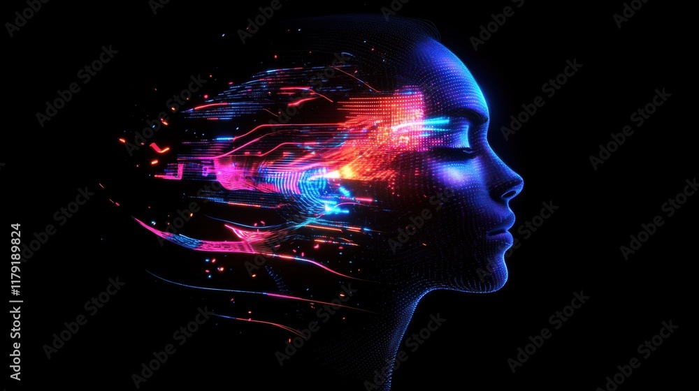 Aufkleber a glowing digital profile of a human face with futuristic tech elements and holographic data streams