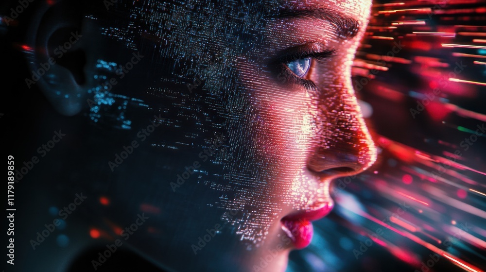 Poster a glowing digital profile of a human face with futuristic tech elements and holographic data streams