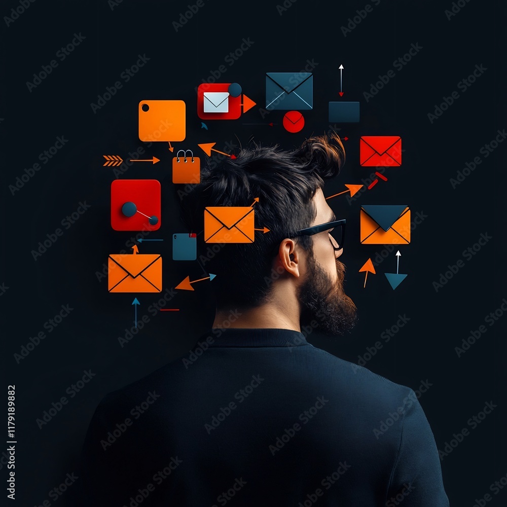 Poster minimalist silhouette figure with arrows and envelope icons against a dark backdrop symbolizing worl