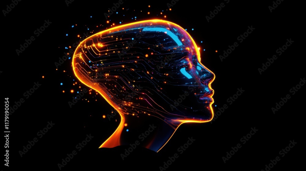 Aufkleber a glowing digital profile of an ai-powered human face with vibrant circuits and data particles