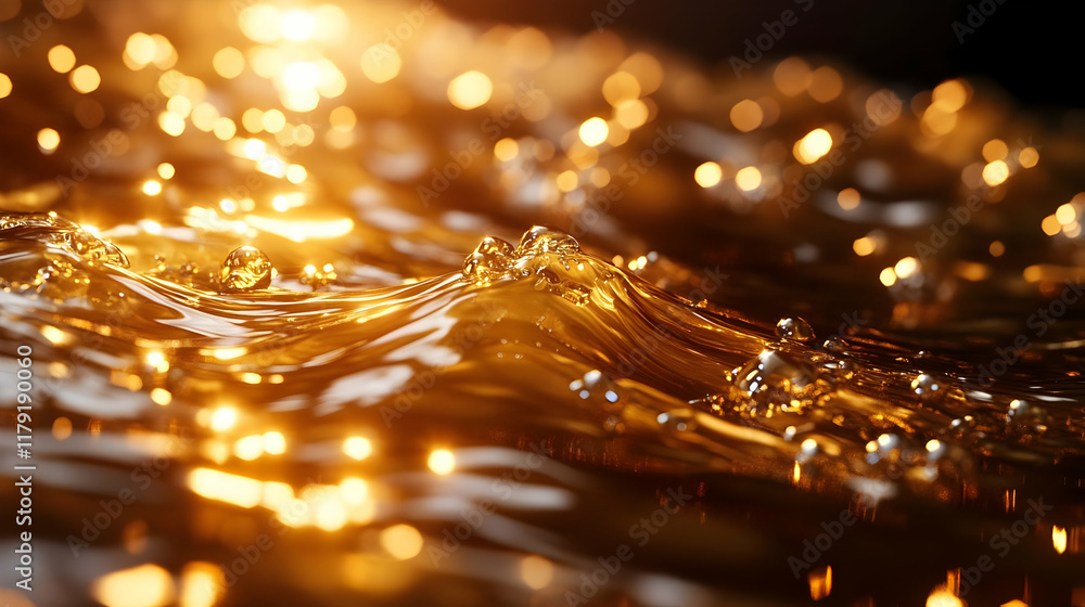 Poster golden liquid flows and ripples with bubbles and bokeh lights, creating a luxurious abstract backgro