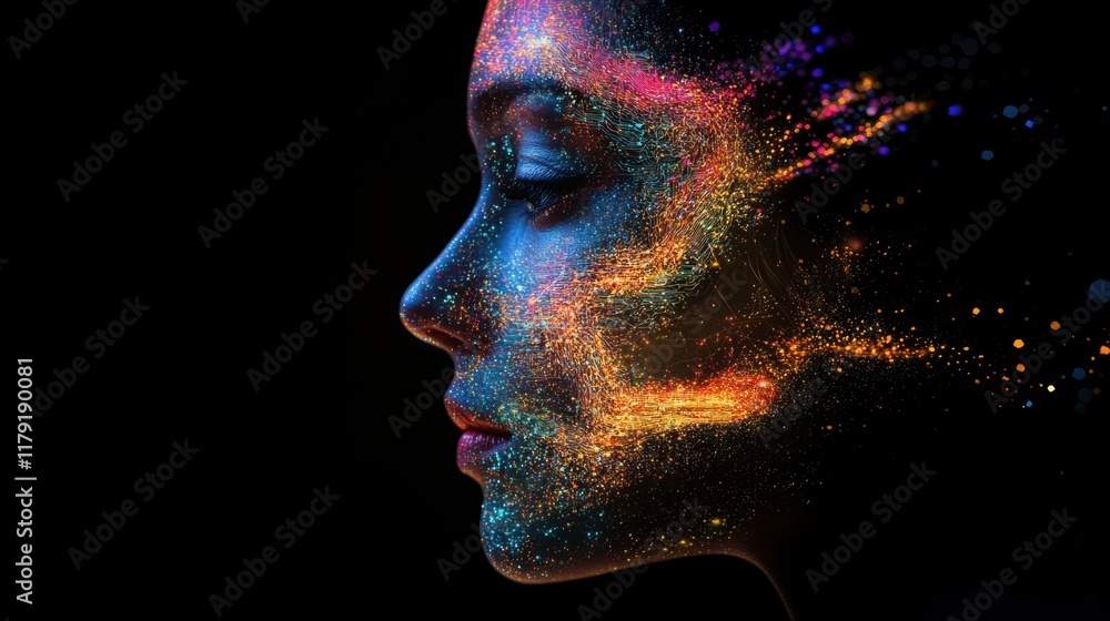 Poster a glowing digital profile of an ai-powered human face with vibrant circuits and data particles