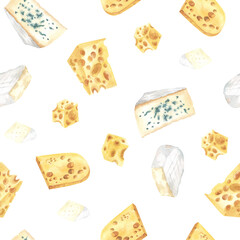 watercolor cheese seamless pattern isolated on white background. Hand drawn illustration for fabric, textile, kitchenware, design.