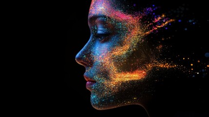 A glowing digital profile of an AI-powered human face with vibrant circuits and data particles