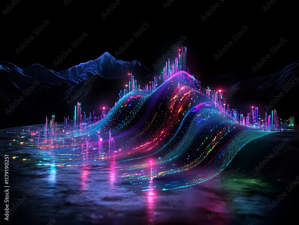 Poster mesmerizing wave of luminous energy with glowing particle emitters shimmering interference patterns 