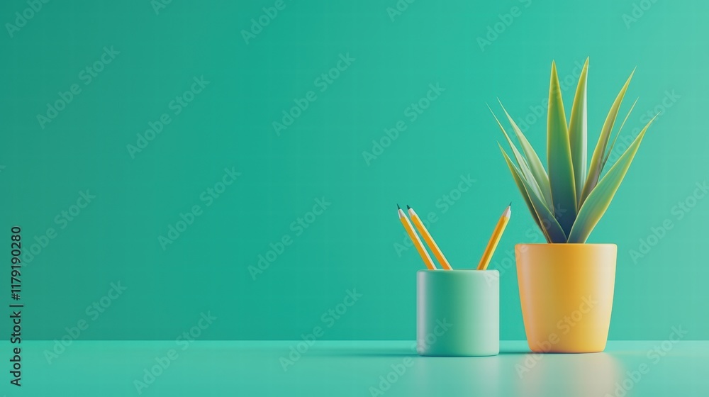 Poster minimalist design empty desk with subtle green background and vibrant planter and stationery
