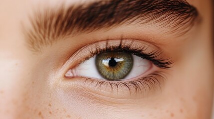 Obraz premium Close-up of a person's green eye with freckles and eyebrow.