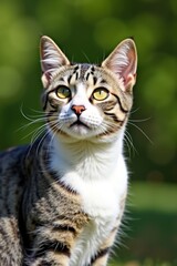 Obraz premium Curious Tabby Cat: A striped tabby cat with striking yellow eyes gazes intently towards the horizon, its white chest and paws contrasting beautifully against the backdrop of lush green foliage.