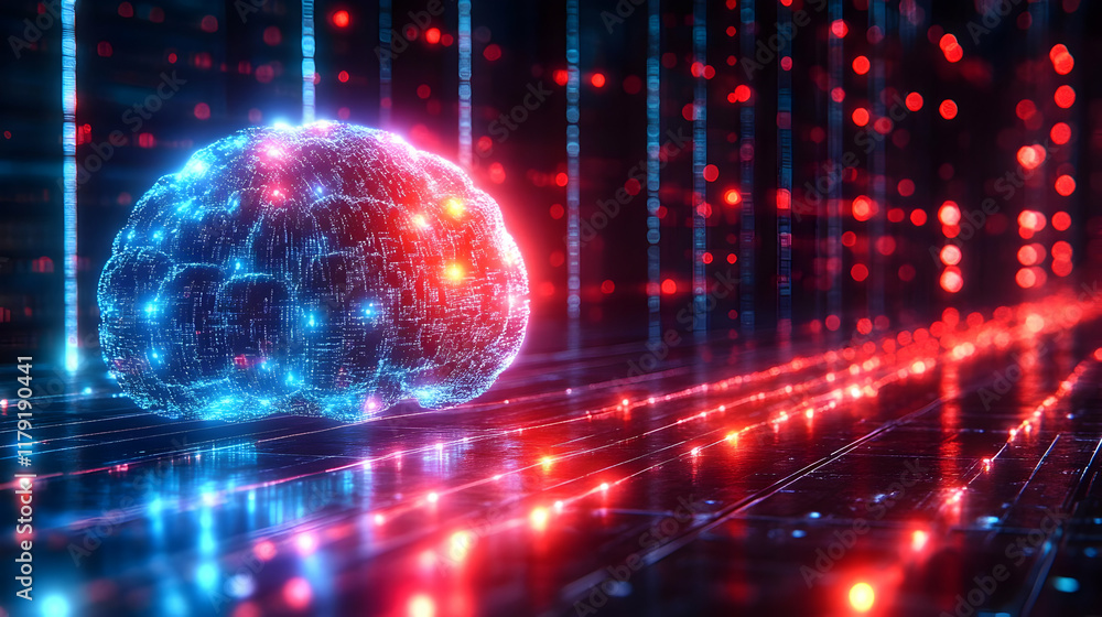 Poster 3d digital brain illustration illuminates with binary code and glows with vibrant colors dramaticall