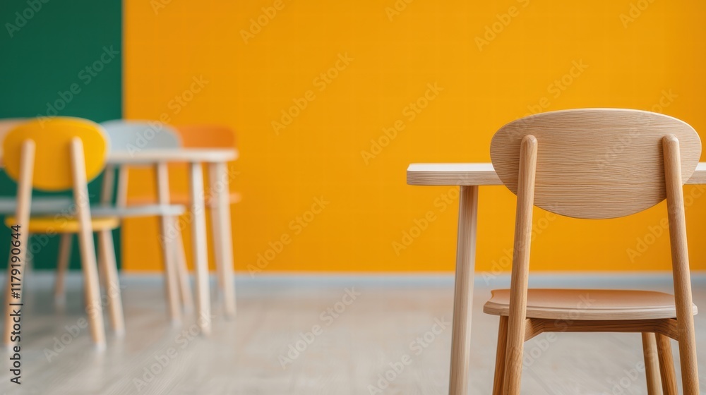Poster fresh and minimalistic office space with clean empty desk and colorful chairs in bright setting