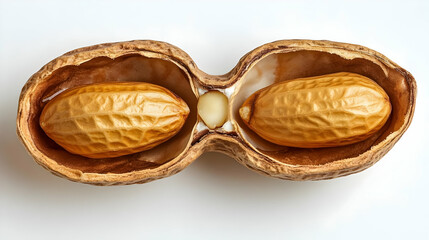 Two Peanut Kernels Rest Inside an Open Shell, Displaying Their Textured Surfaces on a White Background.