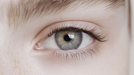 Close-up of a person's light-grey eye with freckles and long eyelashes.