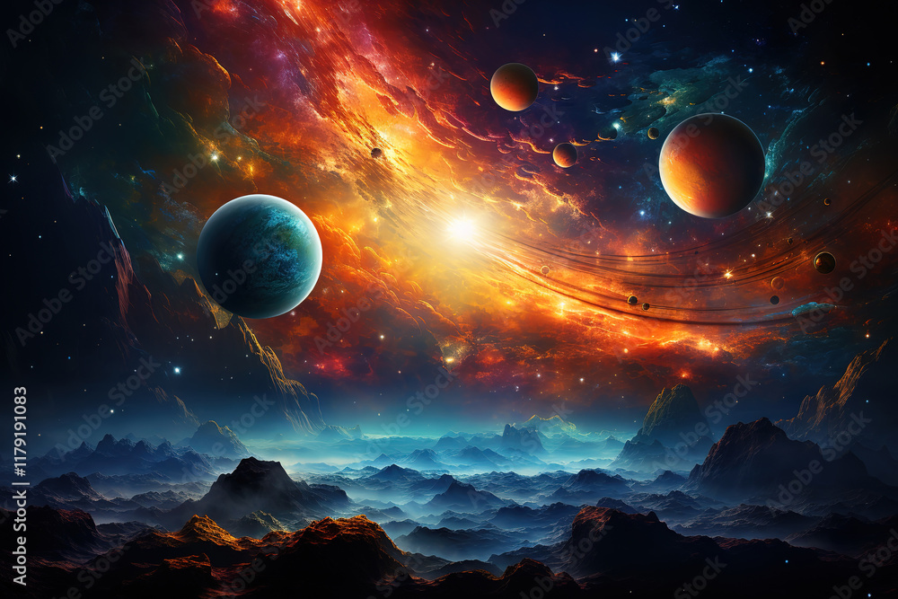 Poster awesome outer space with alien planets and explosion
