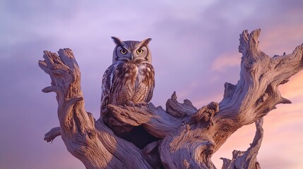 Fototapeta premium Majestic owl perched on a weathered tree branch at sunset. Serene, wise, and captivating, this image evokes a sense of mystery and tranquility.