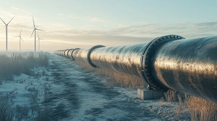 Steel Pipeline Stretching Through Winter Landscape with Wind Turbines