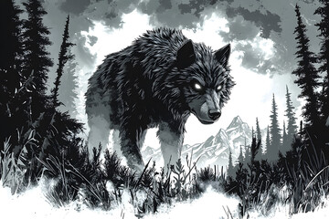 Drawing sketch of Werewolf walking through the forest
