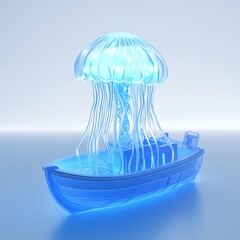 A futuristic, translucent boat features a glowing jellyfish atop, casting an ethereal blue light in a serene, minimalist setting.