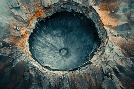 Spectacular aerial view of a massive impact crater, its circular rim a stark reminder of a cosmic collision from eons ago