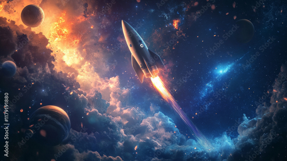Aufkleber landing page space. flying space rocket, planets and comet. business project website background, com